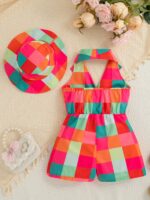 ⁦Vibrant Color Block Girls' Sleeveless Romper with Matching Sun Hat - Casual Summer Outfit, Halter Neck, Button-Up Design, Polyester Fabric, Perfect for Youngsters' Outdoor Play, Girls Clothes, Perfect for Outdoor⁩ - الصورة ⁦2⁩