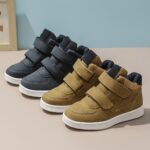 ⁦Boys Mid-Top Fashion Sneakers Sports Casual Shoes with Hook and Loop Fastener Closure, Solid Color, All-Season Comfort, Training and Daily Wear, Splicing Design with Sewing Thread - PU & Fabric Upper, Fabric Lining, TPR Sole⁩ - الصورة ⁦2⁩
