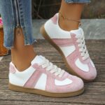 Women's Retro Style Sneakers - Lightweight PU Cover Low-Top Lace-Up Shoes with White & Green Color Scheme, Beige Sole, and Comfortable Fabric Inner Lining for Casual Attire