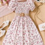 Charming Girls' Floral Summer Dress with Puff Sleeves and Belt - Lightweight Polyester, Machine Washable - Perfect for Beach Vacations - Image 12