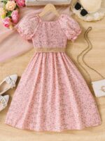Charming Girls' Floral Summer Dress with Puff Sleeves and Belt - Lightweight Polyester, Machine Washable - Perfect for Beach Vacations - Image 10