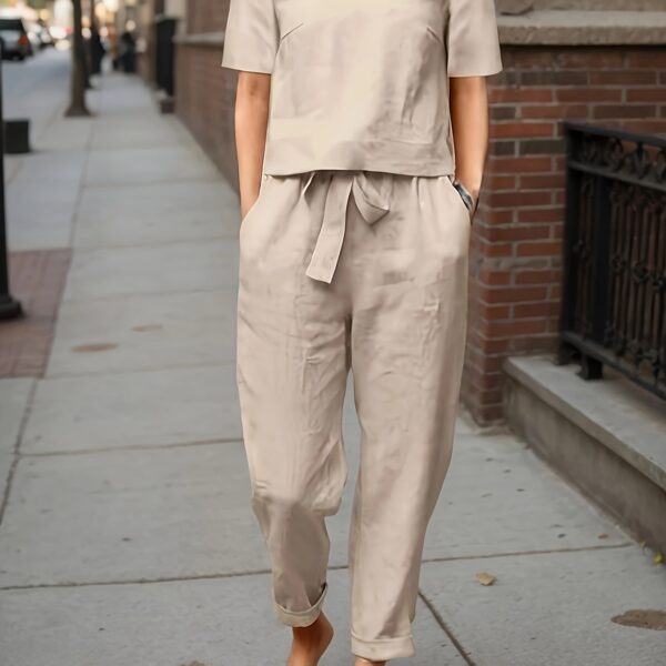 Casual two-piece set of plain long-sleeved pants with pockets, ideal choice for women in spring and autumn