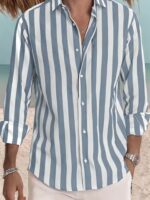 Men's Stylish Striped Long Sleeve Button-Up Shirt - Casual Lapel Collar, White & Brown Vertical Stripes, Lightweight Fabric, Perfect for Beach Vacations, Dates, and Gifts, Beach Wear, Versatile Fashion | Classic Striped Shirt | Collared Long Sleeve - Image 11