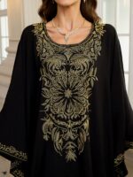 ⁦EDOLYNSA Women's Plus Size Middle Eastern Kaftan Cover-Up Dress - Batwing Sleeves, Floral Embroidery & Golden Accents, Loose Fit Turkish Robe for Ramadan, Beach Vacations, Casual Outings (Black), Muslim Dress, Festive Attire, Nontransparent Fabric⁩ - الصورة ⁦4⁩