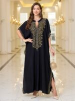 EDOLYNSA V-Neck Black Vine Embroidery Ethnic Style Short-Sleeved Slit Long Beach Dress Fashion Middle East Outdoor Loose Casual Outerwear Sunscreen Large Size Blouse Kaftan Q1758 - Image 3