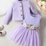 ⁦Girls' Casual Floral Dress with Long Sleeve Jacket Skirt Set⁩ - الصورة ⁦15⁩