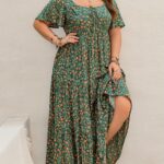 Rusttydustty Women's Boho Chic Maxi Dress - French Square Neck, Adjustable Tie-Front, Floral Print A-Line Pleated Hem, Breathable Short Sleeve for Music Festivals, Beach Vacations & Casual Outings, Festival Attire, Comfortable Fit