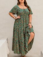 Rusttydustty Women's Boho Chic Maxi Dress - French Square Neck, Adjustable Tie-Front, Floral Print A-Line Pleated Hem, Breathable Short Sleeve for Music Festivals, Beach Vacations & Casual Outings, Festival Attire, Comfortable Fit