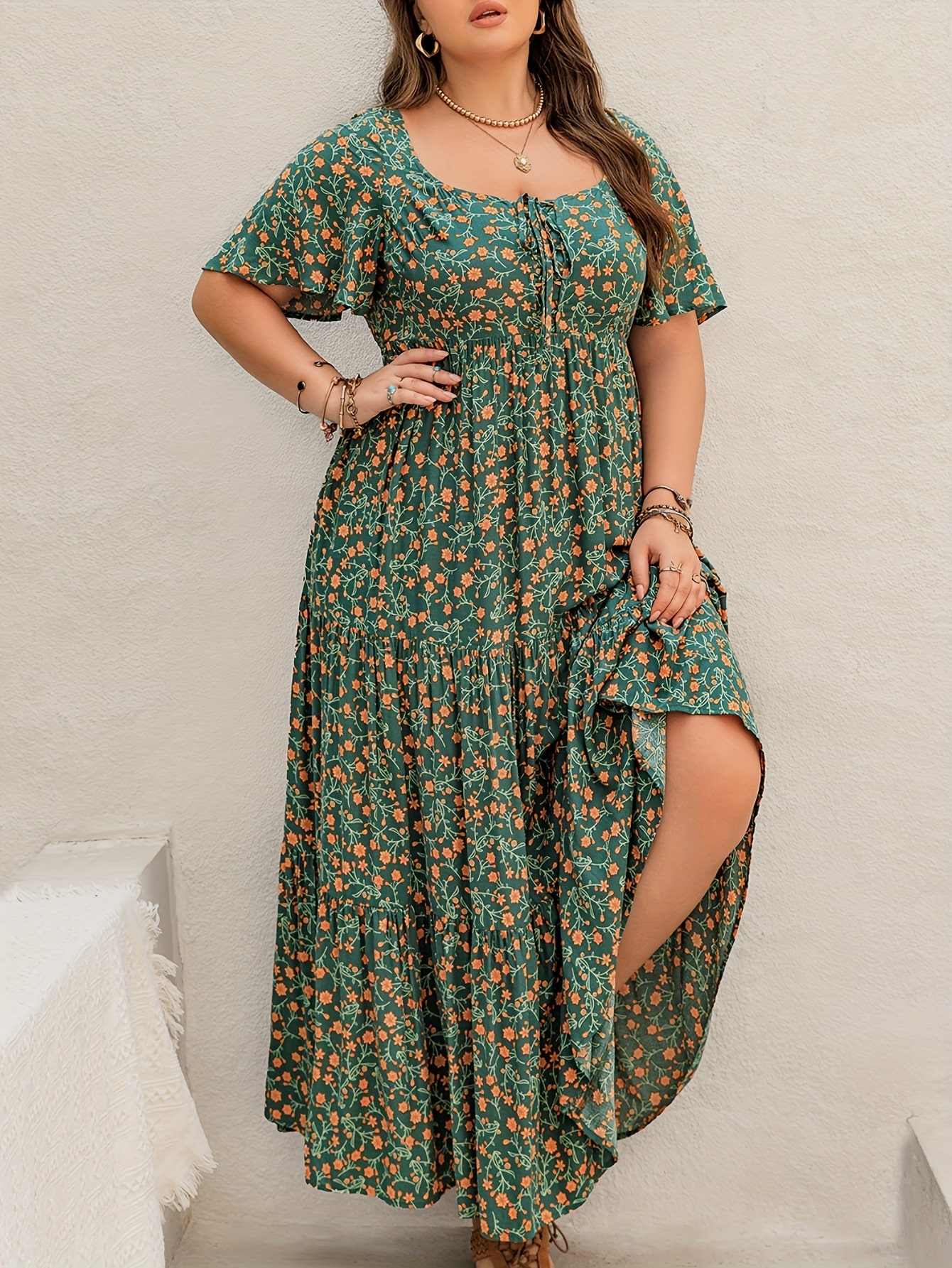 96cf3a50-f01f-4336-8ad4-74cc4f180be5.jpg Rusttydustty Women's Boho Chic Maxi Dress - French Square Neck, Adjustable Tie-Front, Floral Print A-Line Pleated Hem, Breathable Short Sleeve for Music Festivals, Beach Vacations & Casual Outings, Festival Attire, Comfortable Fit - Image 1