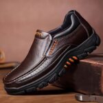 Men's Genuine Leather Slip-On Dress Shoes for Fathers Age 40-50 - Slip-Resistant Rubber Sole, Round Toe Comfort, All-Season Casual & Business Casual Shoes (Brown, Size Up to 50), Versatile Footwear | Side Zipper Design | Durable Footwear