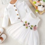 ⁦Girls' Casual Floral Dress with Long Sleeve Jacket Skirt Set⁩ - الصورة ⁦12⁩