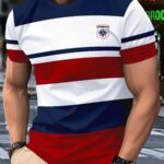 Men'S Summer Striped T-Shirt - "FARMERS" Logo, Casual Crew Neck, Short Sleeve, Polyester Blend, Machine Washable, Casual Summer Wear | Graphic Tee | Machine Washable Top