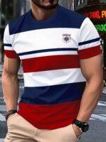 Men'S Summer Striped T-Shirt - "FARMERS" Logo, Casual Crew Neck, Short Sleeve, Polyester Blend, Machine Washable, Casual Summer Wear | Graphic Tee | Machine Washable Top