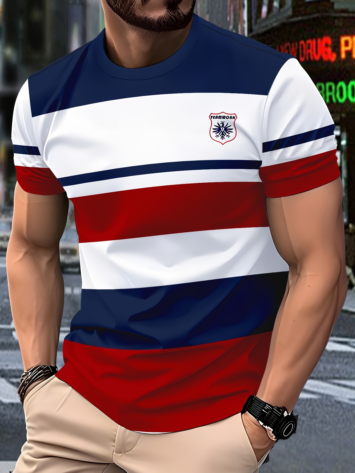 9b66e67d-d1f1-46fd-ac6e-81de33802c45.jpg Men'S Summer Striped T-Shirt - "FARMERS" Logo, Casual Crew Neck, Short Sleeve, Polyester Blend, Machine Washable, Casual Summer Wear | Graphic Tee | Machine Washable Top - Image 1
