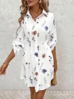 ⁦Elegant And Fresh Vacation-Style Floral Print Shirt Dress.⁩ - الصورة ⁦4⁩