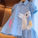 aiLe Rabbit Girls' Elegant Summer Dress - Pink with Bunny Embroidery, Ruffle Hem, Short Sleeve, Button-Up Collar, Non-Stretch Fabric, Perfect for Casual Wear, Cute Summer Dresses - Image 11