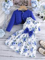 Girls' Flower Print Casual Vest Dress with Chest Measurement by Pulling + Solid Color Long Sleeve Jacket - Image 2