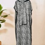 Elegant Black and White Geometric Kaftan with Floral Accents - All-Season, Non-Stretch Fabric, Perfect for Weddings, Parties, and Formal Events, Formal Event Attire|Elegant Kaftan|Geometric Pattern