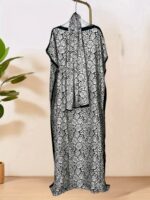 Elegant Black and White Geometric Kaftan with Floral Accents - All-Season, Non-Stretch Fabric, Perfect for Weddings, Parties, and Formal Events, Formal Event Attire|Elegant Kaftan|Geometric Pattern