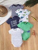 ⁦5pcs Baby's Marine Style Cotton Bodysuit, Casual Short Sleeve Romper, Toddler & Infant Boy's Outdoor Clothing⁩ - الصورة ⁦2⁩