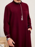 Men's Burgundy Islamic Robe | Polyester-Elastane Blend | Geometric Embroidered Design | Stand Collar | Faux Pocket Detail | Traditional Middle Eastern Cultural Attire | All-Season Wear, Allseason Robe | Traditional Islamic Dress | Quality Stitch, Muslim C