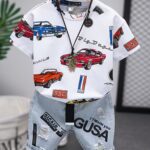 Boys' Outdoor Casual Fashion Boy's Summer Short Sleeve Shorts Set T-shirt Car Print Fashion Denim Shorts Letter Print Comfortable Two-Piece Set