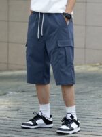 ⁦Men's Casual Cargo Shorts with Pockets - Loose Fit, Mid-Waist, Polyester, Street Style, Brown, Drawstring Waistband, Everyday & Leisure Wear⁩ - الصورة ⁦2⁩