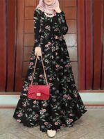 ⁦2023 New Women's Elegant Middle Eastern Abaya - Black Floral Print with Red Flowers, Long Sleeve Lace-Up Modest Dress, Machine Washable for Spring Summer Fall, Abaya Dress Fancy, Comfortable Modestwear, No Stretch Fabric, Muslim Fashion, Fancy Design, Bre⁩ - الصورة ⁦3⁩