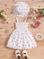 ⁦0-3 Years Old Two-piece Set for Girls, Summer Love Print Sleeveless Wrap Dress with Suspenders + Hat, Princess Dress in Two Colors to Choose from⁩ - الصورة ⁦8⁩
