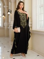 ⁦EDOLYNSA Women's Plus Size Middle Eastern Kaftan Cover-Up Dress - Batwing Sleeves, Floral Embroidery & Golden Accents, Loose Fit Turkish Robe for Ramadan, Beach Vacations, Casual Outings (Black), Muslim Dress, Festive Attire, Nontransparent Fabric⁩ - الصورة ⁦5⁩