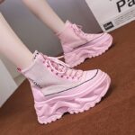Women'S High-Top Sneakers with Thick Platform Sole & Lace-Up Closure - White & Pink Accents, Round Toe Comfort, All-Season Casual Shoes for Casual Attire, Ladies Sneakers, Durable Traction Footwear - Image 5