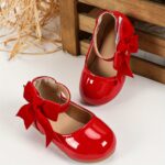 Girls' Casual Cute Mary Jane Shoes, Solid Color, Lightweight, Abrasion-Resistant, with Bow Detail, Adjustable Strap, PU Upper/Inner/Insole, TPR Sole, for Daily Wear and School, Suitable for Ages 14 and Under