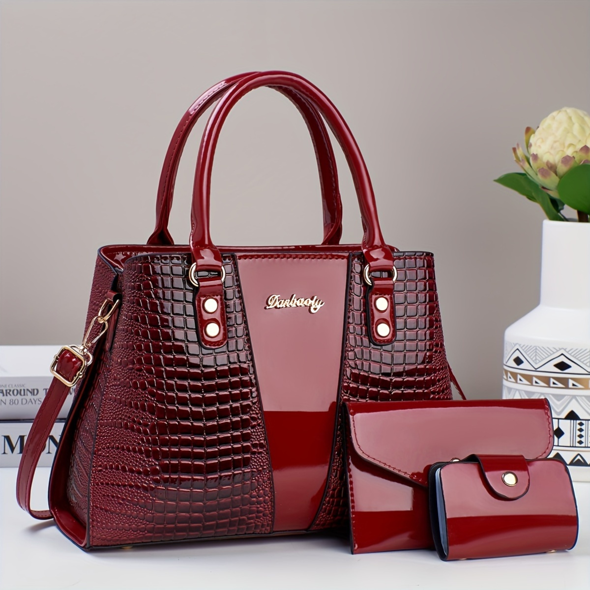 a4466b46e0067108fe9e11a00780c81f_1728219485950.jpg 3pcs Elegant PU Handbag Set, Crocodile Pattern Large Capacity Crossbody Bag with Coin Purse and Card Holder, Lightweight Shoulder Bag with Sequins and Zipper Closure - الصورة 1