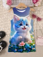 Girls' Sleeveless Summer Dress with Adorable Blue Kitten & Floral Print - A-Line Casual Playwear for Youngsters, Hand Wash Only, Dress Up Play for Girls, Youngsters's Outdoor Wear, Comfortable Youngsters's Clothing - Image 4