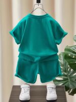 2pcs Set of Small Boy Casual Letter Pattern Dinosaur Short Sleeved T-Shirt And Shorts, Comfortable Summer Clothing for Boys, Suitable for Beach Vacation And Outdoor Activities in The Summe, for Outdoor - Image 2