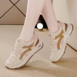 Women's Lightweight Running Sneakers - Casual Low-Top Lace-Up Shoes with Soft Non-Slip Rubber Sole, Beige with Blue & Red Stripes, Lightweight & Comfortable for All-Day Wear