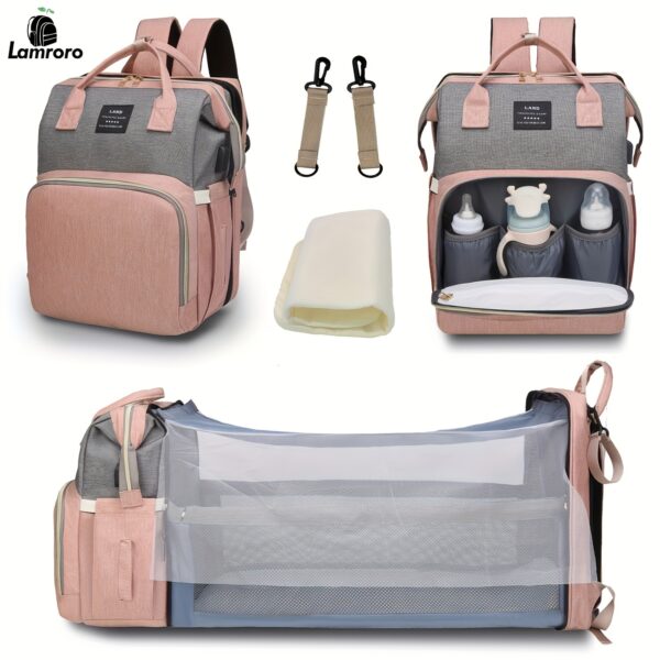 Lamroro Moire Diaper Bag Backpack, Soft Shell, Multifunctional, Large Capacity, Travel Backpack with Changing Station, Sunshade, Breathable Mosquito Net, Zipper Closure, Mixed Color, Polyester Fiber, with Utility Pocket, for Casual, Preschool, Christmas,