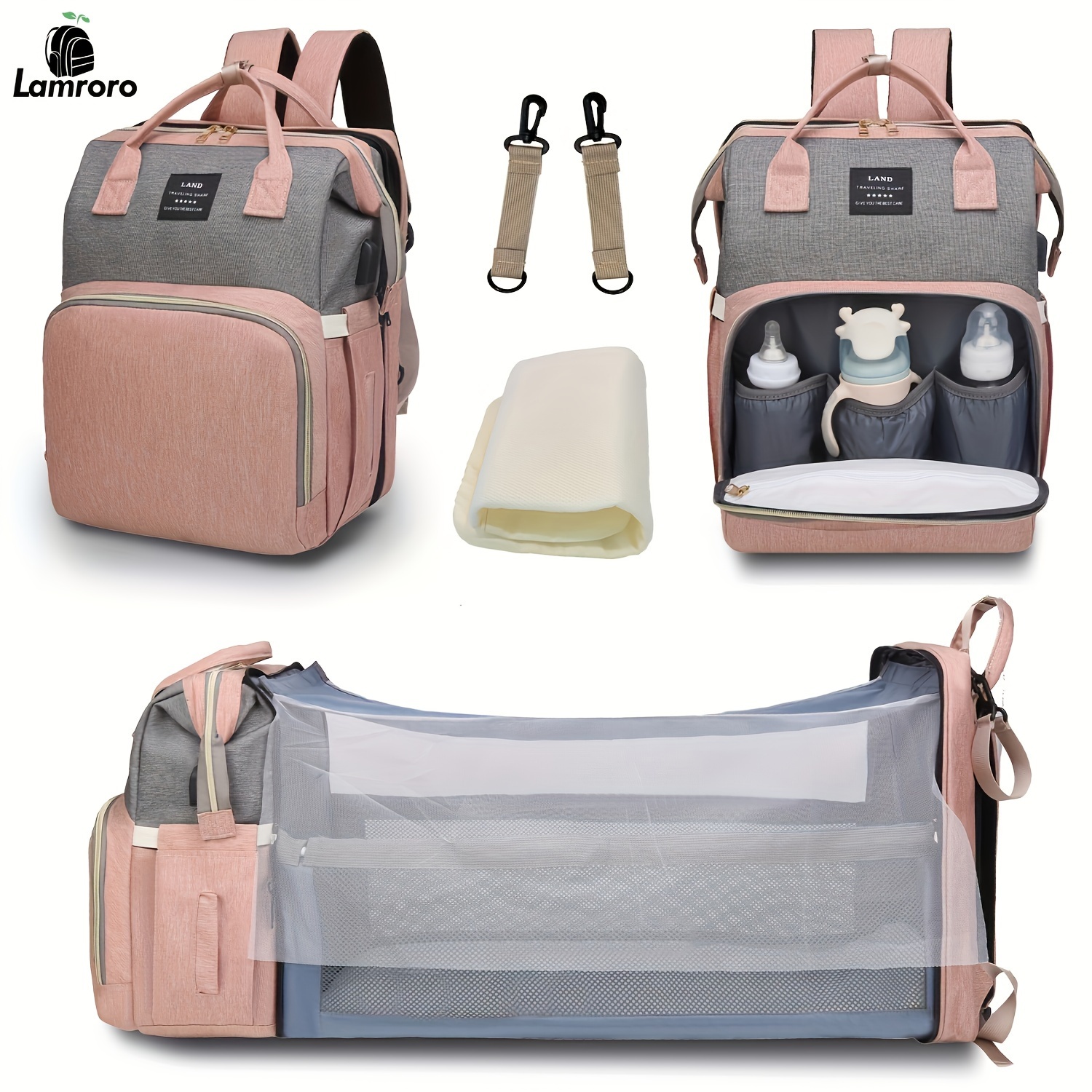 a4970c9a-51fb-4751-b752-8ca853b80f5c.jpg Lamroro Moire Diaper Bag Backpack, Soft Shell, Multifunctional, Large Capacity, Travel Backpack with Changing Station, Sunshade, Breathable Mosquito Net, Zipper Closure, Mixed Color, Polyester Fiber, with Utility Pocket, for Casual, Preschool, Christmas, - Image 1