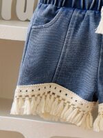 P101291 Girls' Stylish Fringed Top And Shorts Two-Piece Set, for Outdoor - Image 5