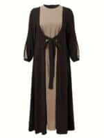 Color Block Long Sleeve Maxi Dress With Tie Front, Elegant Muslim Crew Neck Modest Loose Dress, Women's Clothing - Image 3
