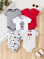 ⁦5pcs Baby's Marine Style Cotton Bodysuit, Casual Short Sleeve Romper, Toddler & Infant Boy's Outdoor Clothing⁩ - الصورة ⁦3⁩