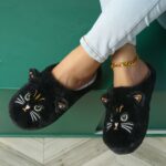 ⁦Women's Cute Cartoon Black Cat Slippers with Big Eyes and Ears, Soft Warm Non-slip Indoor House Slip-on Slippers with Fabric Upper, Inner, Insole and TPR Sole⁩ - الصورة ⁦6⁩