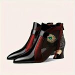 Elegant Women's Pointed-Toe High Heels - Chunky Mesh Cutout Ankle Boots with Rhinestone Detail, Back Zipper Closure for Casual Wear, Flat Shoes, Color Block - Image 4