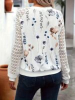 ⁦Gavin Direction Women's Elegant Floral Print Contrast Lace Long Sleeve T-Shirt - Round Neck, Medium Stretch, Machine Washable, Spring Summer Fall Casual Top, Lace Long Sleeve Blouse, Seasonal Fashion, Round Neck Tee, Stretch Fabric⁩ - الصورة ⁦3⁩