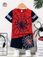Men's and Children's Summer Spider Pattern Letter Casual Short Sleeve Suit