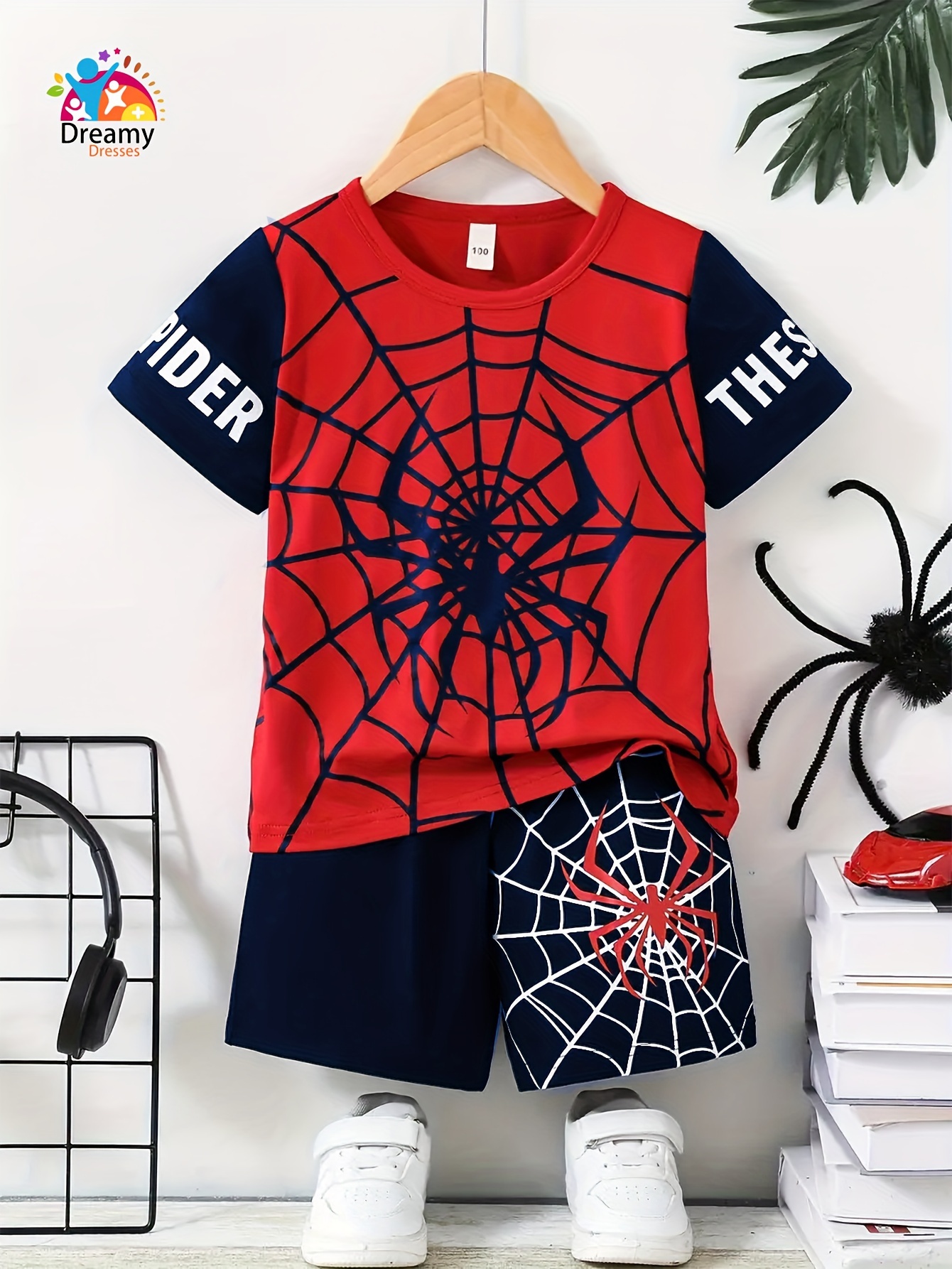 a6e9c702-1c24-4e37-b210-db2426da4c26.jpg Men's and Children's Summer Spider Pattern Letter Casual Short Sleeve Suit - Image 1