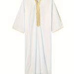 Men's Arabian Kaftan Dress - White Embroidered V-Neck Short Sleeve Robe with Golden Trim, Casual Polyester Maxi Jalabiya for Middle Eastern Style, Gift for Eld, Gift for Ramadan