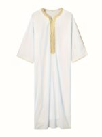 Men's Arabian Kaftan Dress - White Embroidered V-Neck Short Sleeve Robe with Golden Trim, Casual Polyester Maxi Jalabiya for Middle Eastern Style, Gift for Eld, Gift for Ramadan