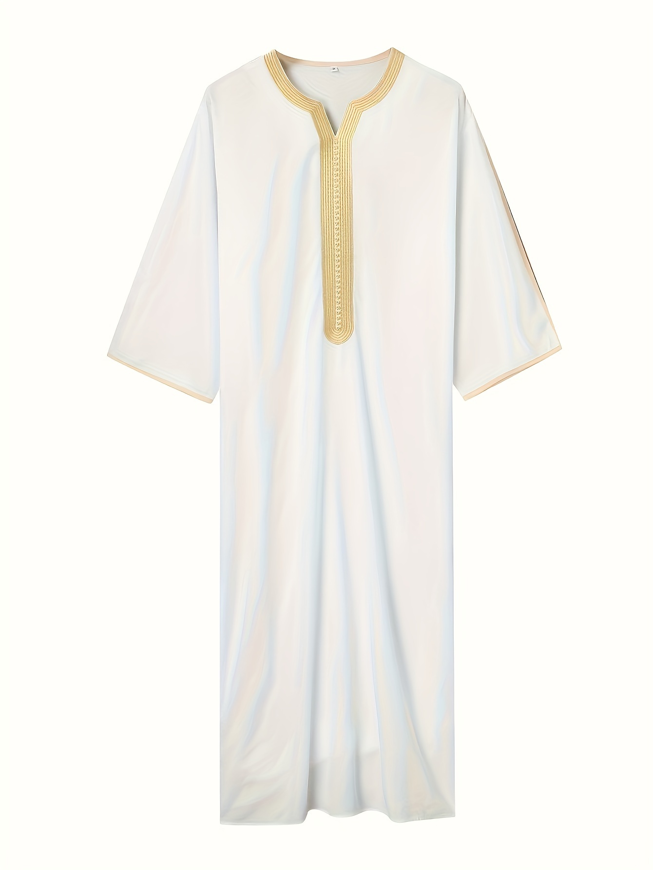 a7d0bad5-5252-4d1d-9b7a-89800ca3a448.jpg Men's Arabian Kaftan Dress - White Embroidered V-Neck Short Sleeve Robe with Golden Trim, Casual Polyester Maxi Jalabiya for Middle Eastern Style, Gift for Eld, Gift for Ramadan - Image 1