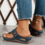 ⁦Women'S Elegant Wedge Sandals - Breathable, Supportive Arch Design, Light Blue Open-Toe Slip-Ons with Cut-Out Detailing, Soft PU Sole for Everyday Comfort, Versatile & Comfortable Footwear | Elegant Slipon Sandals | Cutout Details, Strappy Sandal⁩ - الصورة ⁦9⁩